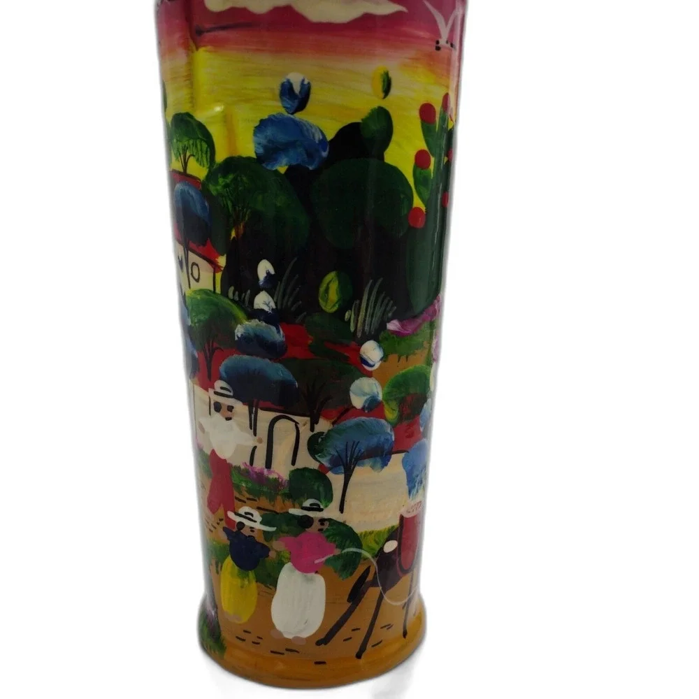Hand painted Smirnoff Bottle Village Scene Mexican Folk Art Work Barware